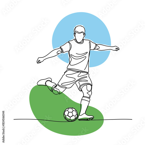 Continuous one line drawing of a soccer player kicking a ball