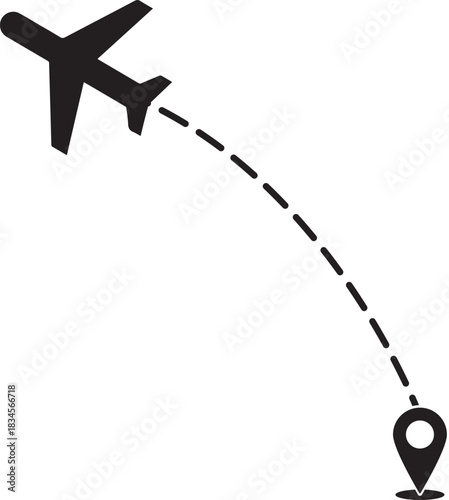Airplane flight path icon with destination pin