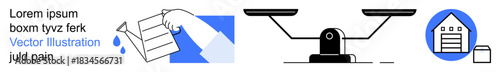 Data security, legal systems, balance, information management, secure storage, organization. Icons of hand scanning a document, a balance scale and a storage building. Data security and legal