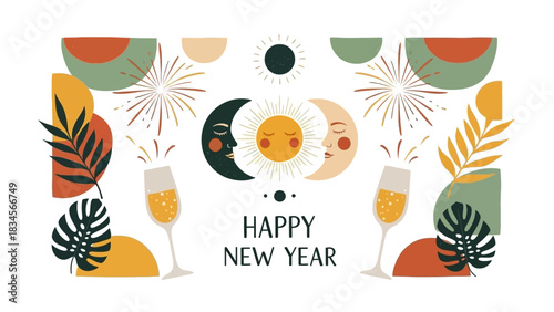 Bohemian New Year celebration with celestial sun, moon, and champagne