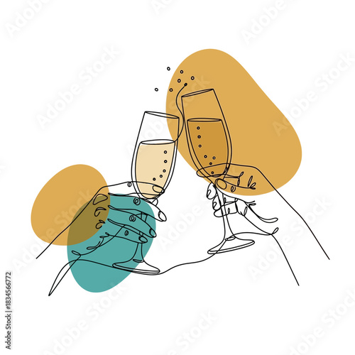 Champagne Toast Line Art with Abstract Shapes