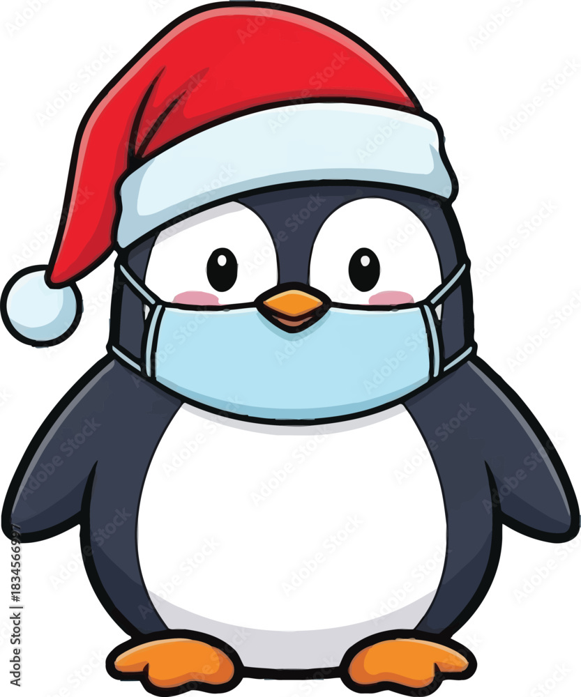 Naklejka premium Christmas penguin face mask santa hat vector holiday safety illustration isolated on transparent background, Vector
