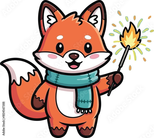 Fox character sparkler winter holiday celebration illustration vector art isolated on transparent background, Vector