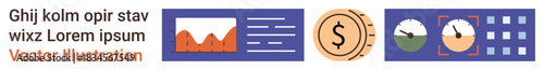 Data analysis, business strategy, finance tracking, performance metrics, economic trends, digital marketing. Bar graphs, a dollar symbol and dashboard gauges. Data analysis and finance tracking