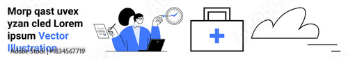 Business, healthcare, time management, technology, cloud storage, digital tools. Woman pointing at clock with a laptop, medical kit icon and cloud symbol. s time management and healthcare innovation