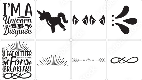 Unicorn and glitter themed graphics for crafts and designs