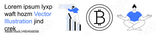 Cryptocurrency, finance, business trends, mindfulness, digital economy, wellness. A Bitcoin symbol, person climbing growth chart person meditating. Cryptocurrency and finance concept illustration