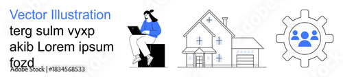 Remote work, teamwork, home office, digital collaboration, work-life balance, productivity. Woman using laptop, house and gear teamwork. Remote work and teamwork concept