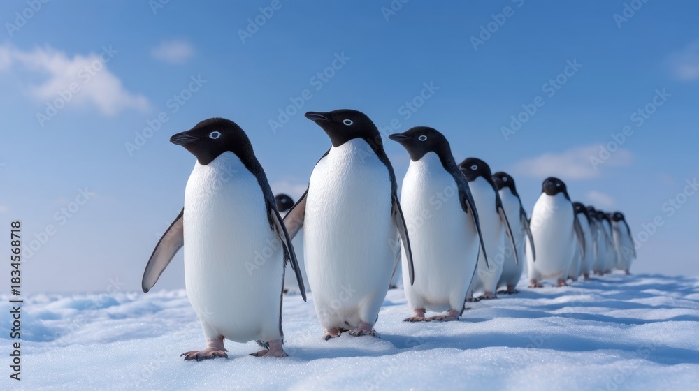 Fototapeta premium Adorable group of penguins walking in a line on a snowy landscape under a bright blue sky showcasing winter wildlife and nature's wonders