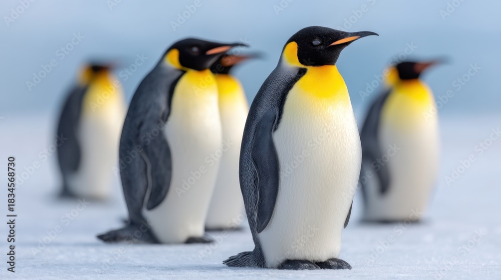 Fototapeta premium Group of Emperor Penguins Standing on Ice with Vibrant Yellow and Black Plumage in an Icy Landscape of Antarctica