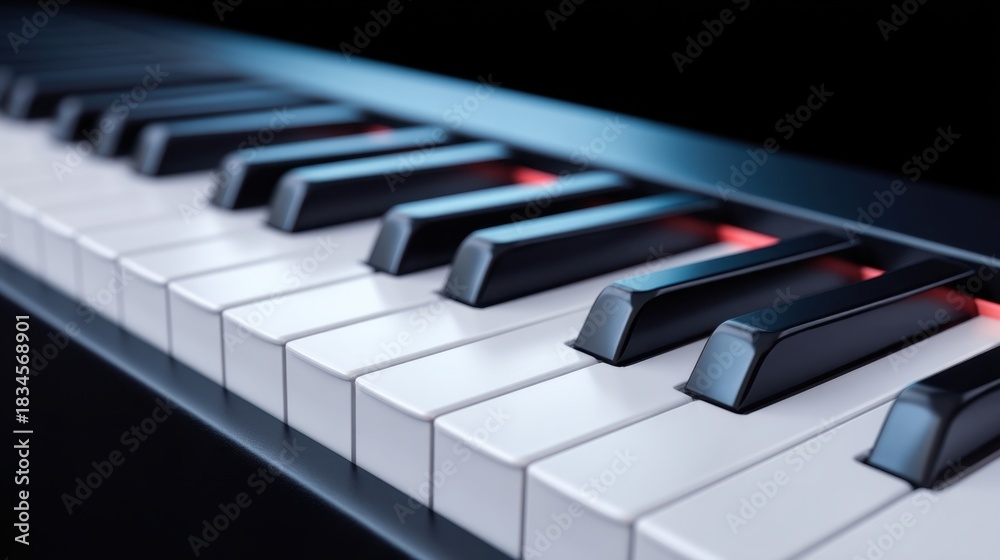 Fototapeta premium Close-Up View of Piano Keys with Black and White Contrast Featuring Illuminated Elements for Musical Composition and Performance Inspiration