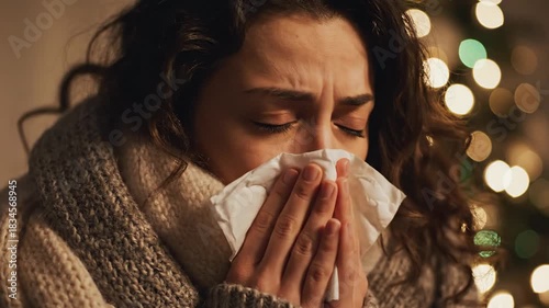 Person blowing nose into tissue feeling unwell health condition cold flu allergy season sickness symptoms