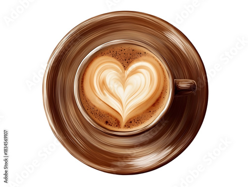 Top view latte art coffee with heart shape isolated on transparent background