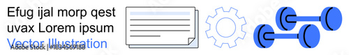 Data organization, workflow automation, fitness goals, productivity, health tracking, innovation. Document, gear and dumbbells side by side. Data organization and workflow automation concept