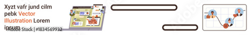 Data analysis, team collaboration, connection, workflow management, remote teamwork, digital tools. A laptop displaying data and a network with connected individuals. Data analysis and team