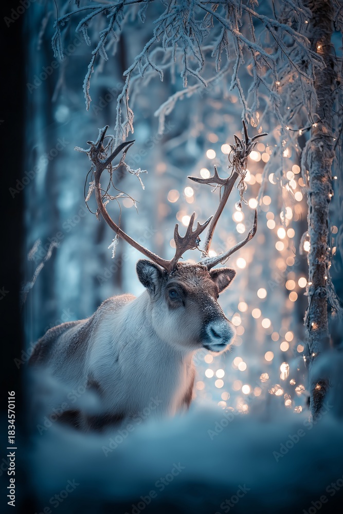 Fototapeta premium Reindeer standing in snowy forest with magical Christmas lights. Reindeer standing in deep snow, illuminated by magical Christmas lights in a winter forest