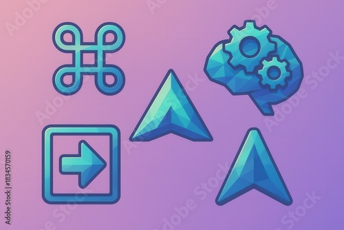 Abstract digital symbols representing navigation and cognitive processes through technology integration with geometric shapes and colors enhancing visual communication