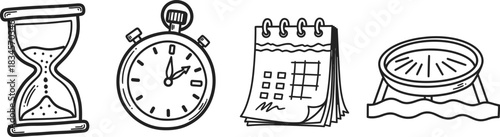 A set of four hand-drawn doodle icons on a single image a wobbly hourglass a crooked stopwatch a rough calendar page and an imperfect sundial