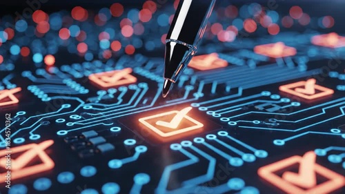 Digital circuit board with checkmark selection and glowing data pathways