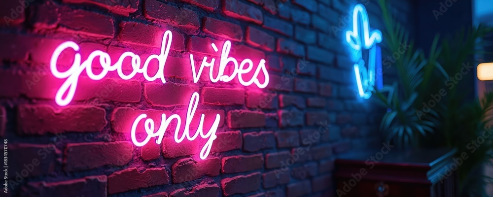 Fototapeta premium Neon sign displays phrase good vibes only on brick wall. Pink glowing text gives positive message. Blue light sign complements overall mood. Modern inspirational artwork concept.