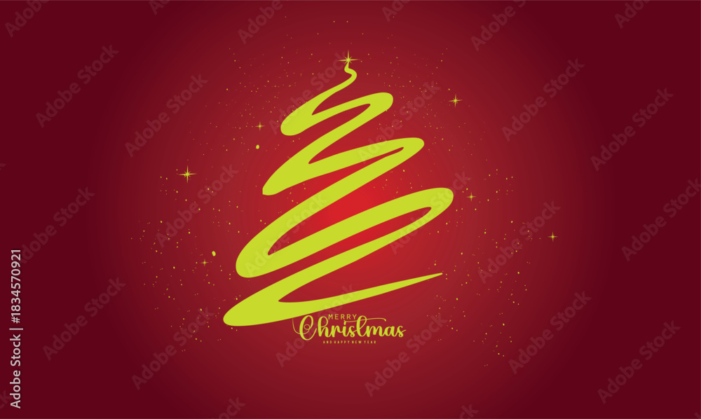 Obraz premium brush strokes of spruce paint, Christmas tree scribbled with marker decorated with stars on top and beads on a gradient red background.eps