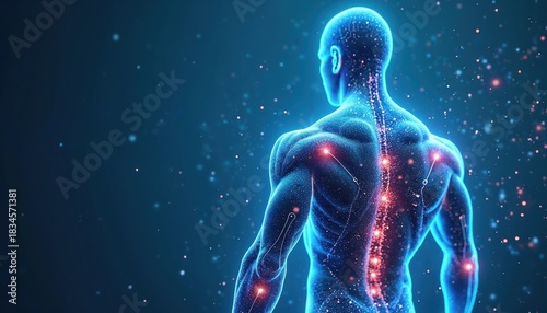 Muscular male torso with glowing spine, representing muscle regeneration and recovery. Digital illustration of human anatomy with light particles, suggesting energy and vitality for athletes.
