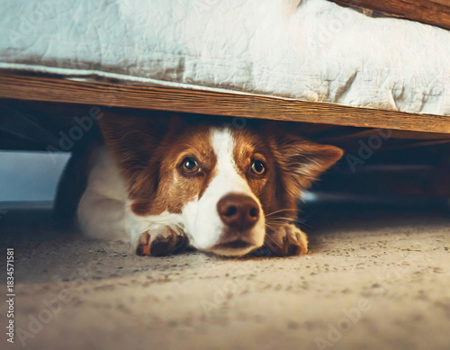 Dog scared of firework hiding under the bed