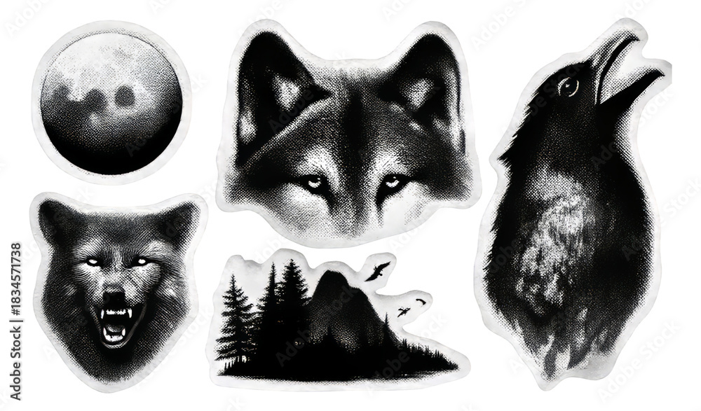 Fototapeta premium Monochrome Retro Halftone Collage of Wolves, Ravens, and Scenic Landscapes Isolated on Transparent Background