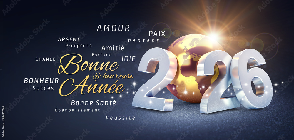 Fototapeta premium 2026 French Bonne Annee text with word cloud corporate greeting gold silver globe specifically for business wishes in France