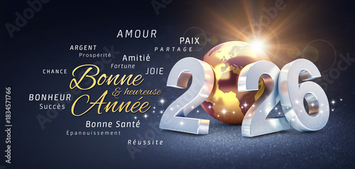 2026 French Bonne Annee text with word cloud corporate greeting gold silver globe specifically for business wishes in France
