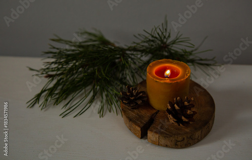 Burning candle fire on a wooden candlestick near green Christmas fir green tree branch. Closeup ornament holiday background design concept with empty copy space. Natural day light
