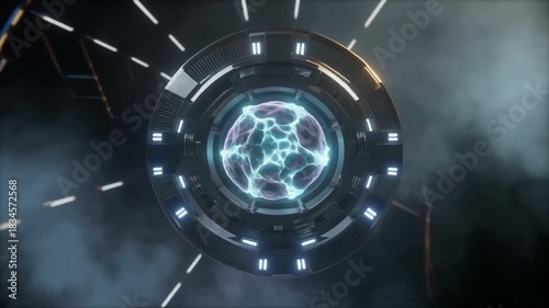 Futuristic nanocure reactor core with glowing plasma energy in a dark sci-fi setting