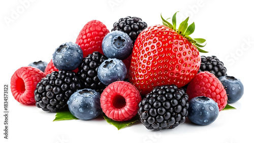 Fresh mixed berries including strawberries raspberries blueberries and blackberries on a white background for healthy eating