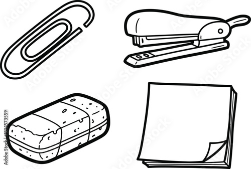 A set of four hand-drawn doodle icons on a single image a wobbly paper clip a crooked stapler a rough eraser and an imperfect sticky note