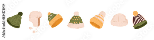 Winter hat collection in cute cozy style. Warm knitted caps, fur hat and soft beanies for cold season. Flat vector illustration isolated on white background.