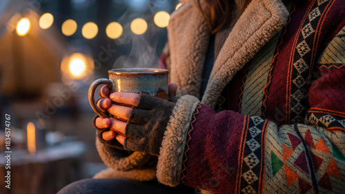 Woman in winter coat with traditional Sadu pattern embroidery holding hot coffee mug near campfire