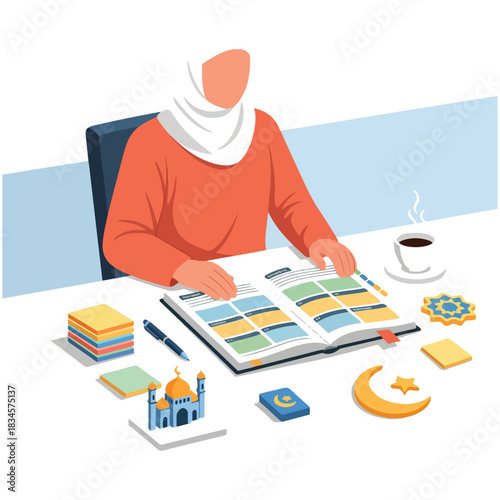 Muslim woman in a hijab studying or planning at a desk with Islamic symbols, a planner, and coffee.