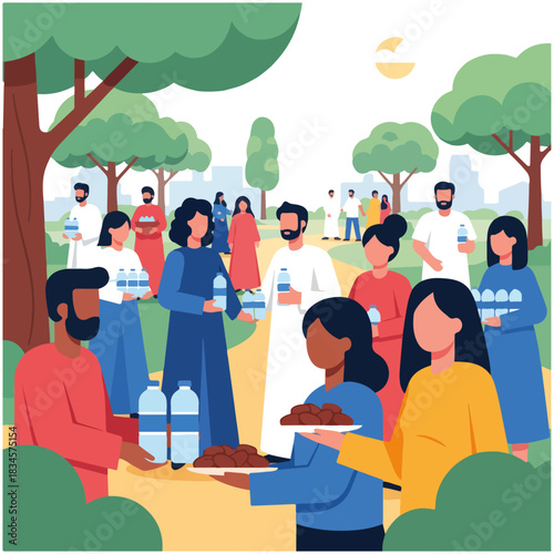 Diverse community members gather in a park, sharing water bottles and food, promoting unity and generosity in an outdoor setting.