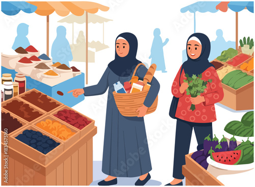 Two women in hijab shopping at a vibrant outdoor market, selecting fresh produce and goods.