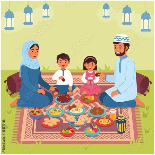 Family enjoying Iftar meal together during Ramadan under lanterns.