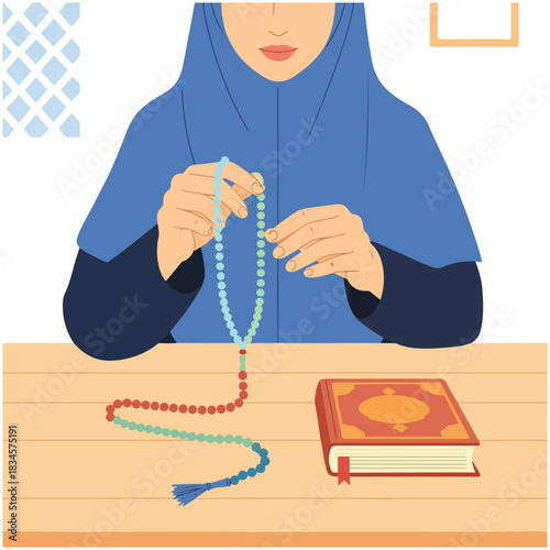 A Muslim woman in a blue hijab praying with tasbih prayer beads next to the Quran.