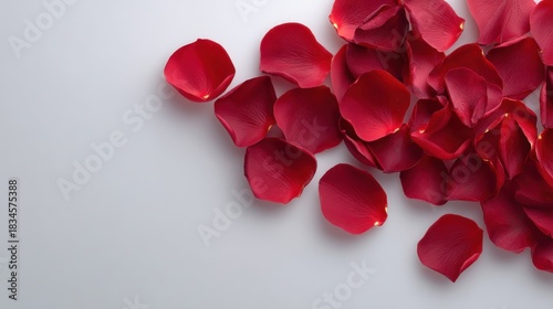 Red rose petals scattered on a smooth white background, creating a romantic and elegant atmosphere for various creative projects and designs
