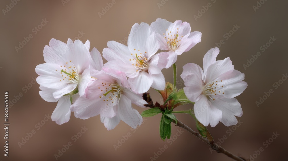 Obraz premium Delicate Cherry Blossom Branch with Soft Pink Flowers on a Muted Background Capturing the Essence of Springtime Beauty and Nature's Serenity