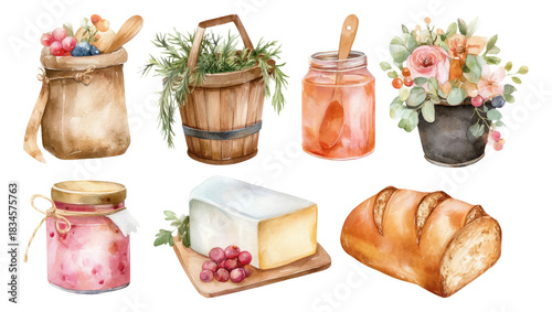 Watercolor Market Essentials Illustration of Fresh Produce and Homemade Goods