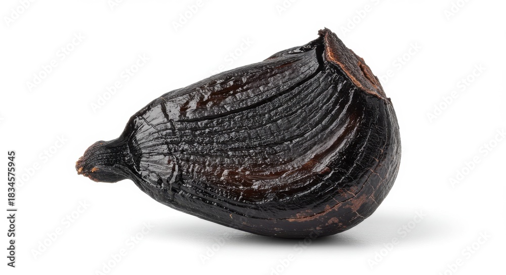 Obraz premium Single black garlic clove isolated on white background, fermented food with health benefits