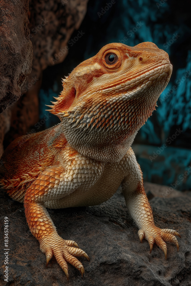 Obraz premium Gros plan sur un lézard dragon barbu, Pogona vitticeps, aux couleurs vives posant sur des rochers et du bois dans un terrarium naturel avec des plantes succulentes et un éclairage spectaculaire