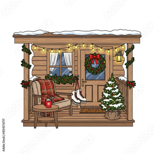 A cozy wooden porch decorated for winter with a bench, wreath, and small snow-covered tree.