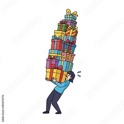 A man carries an enormous stack of wrapped gifts towering above his head.