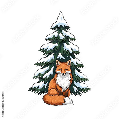 A fox rests peacefully beside a decorated evergreen tree.