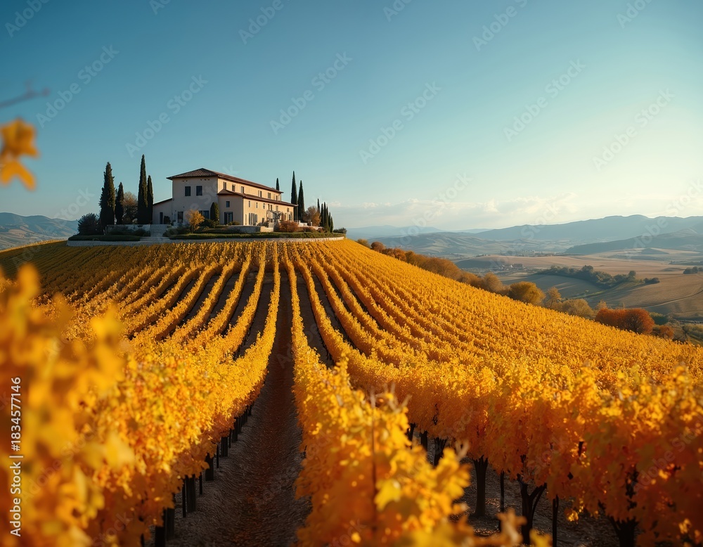 Obraz premium Italian villa atop hill amid golden vineyard rows. Harvest season offers clear blue sky over rolling Tuscan hills. Autumn landscape with grape vines and cypress trees.